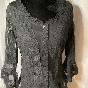 Coldwater Creek NWT Black Lace Button Front Peplum Blouse with Camisole